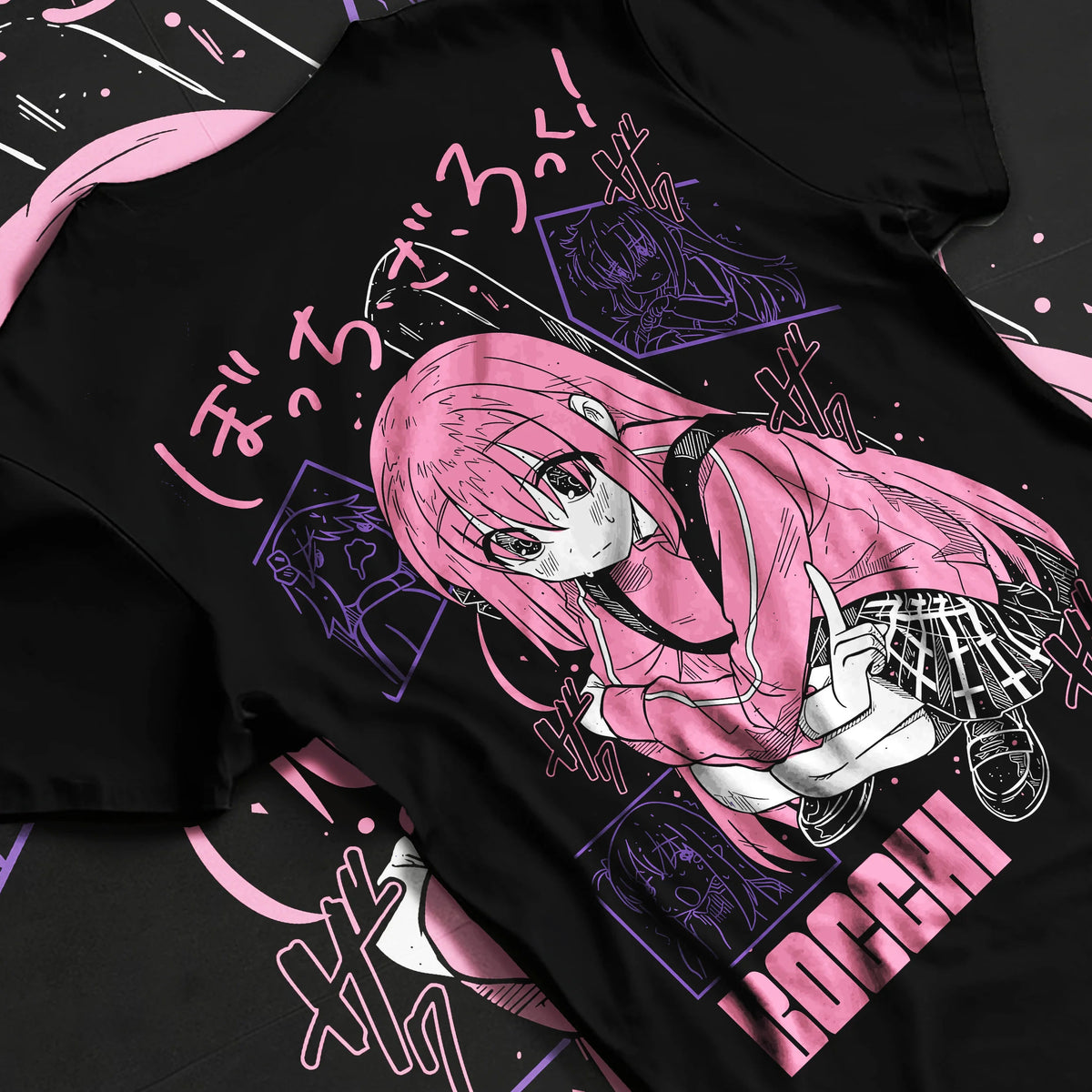 Black T-shirt flat back view showing Hitori Gotoh / Bocchi from Bocchi the Rock!: pink hoodie portrait