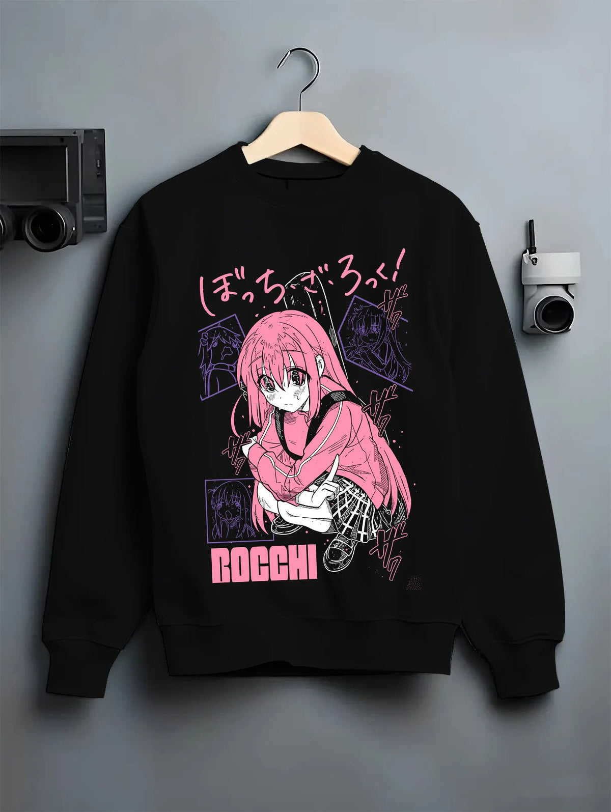 Black crewneck sweatshirt on hanger showing Hitori Gotoh / Bocchi from Bocchi the Rock!: pink hoodie portrait