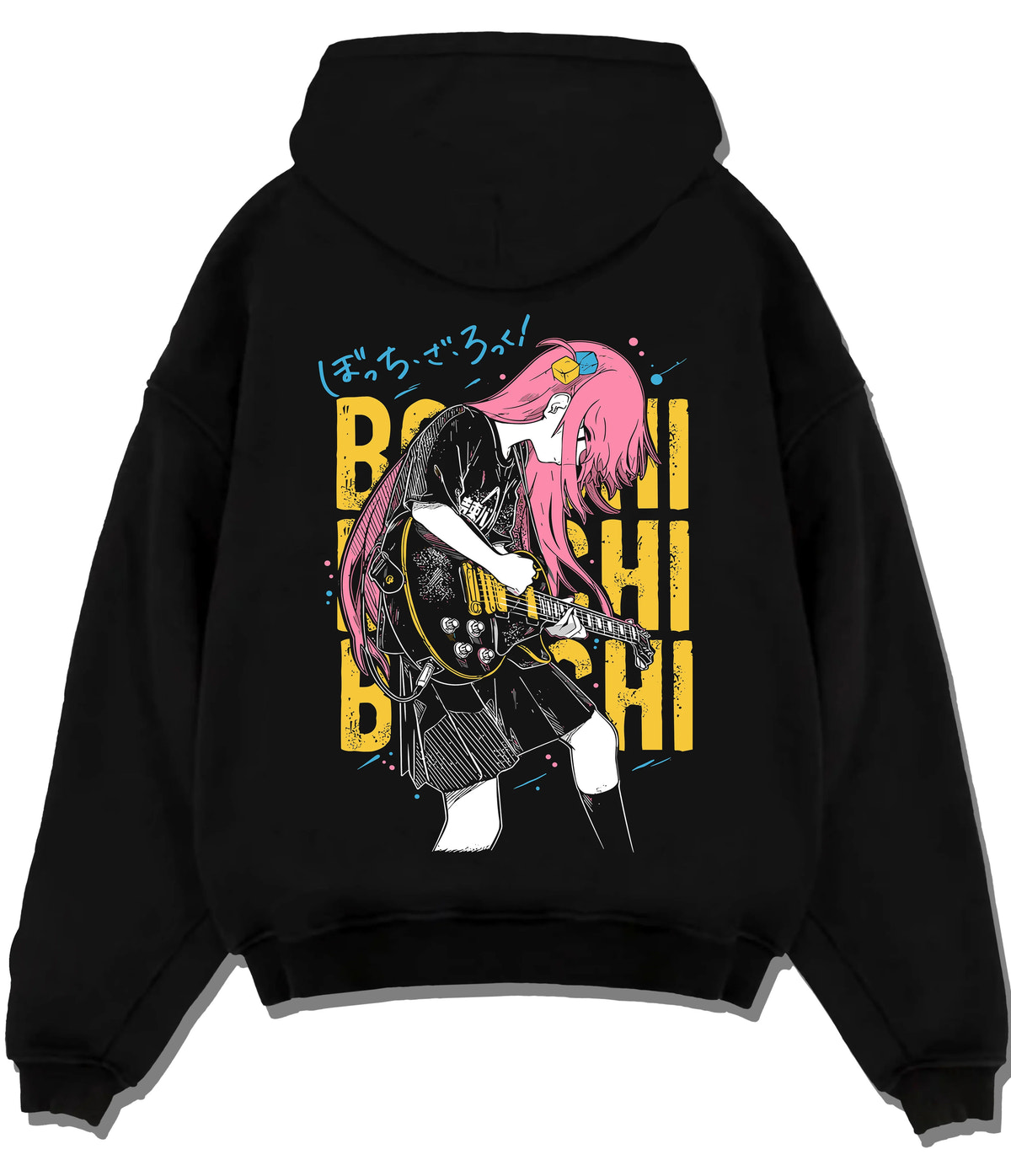 Black hoodie flat back view showing Hitori Gotoh / Bocchi from Bocchi the Rock!: guitar pose