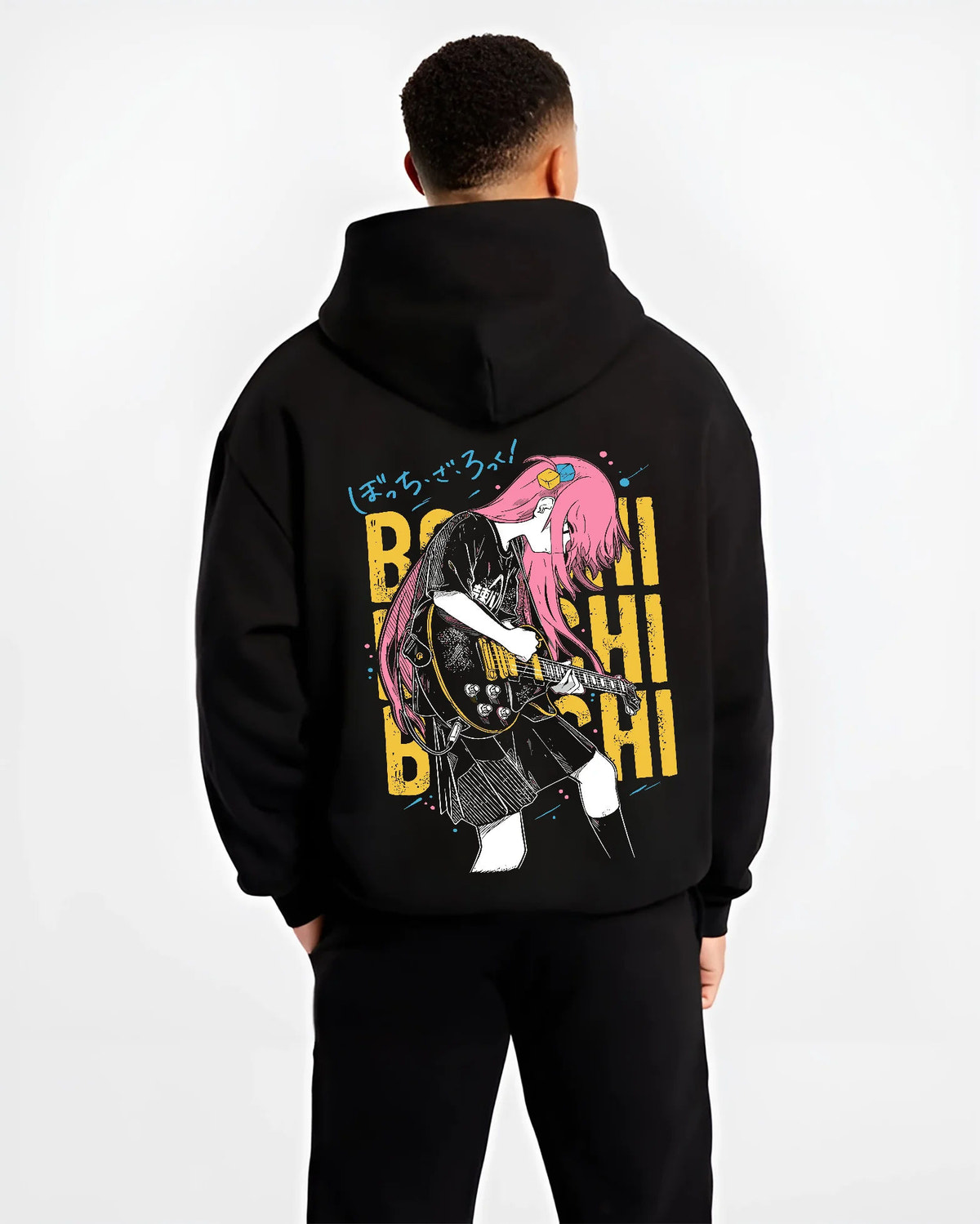 Black hoodie model back view showing Hitori Gotoh / Bocchi from Bocchi the Rock!: guitar pose