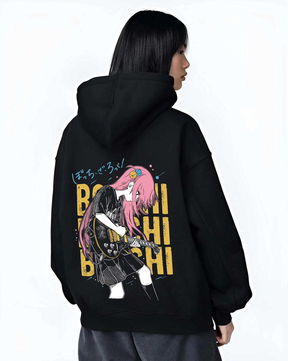 Black hoodie female model back view showing Hitori Gotoh / Bocchi from Bocchi the Rock!: guitar pose