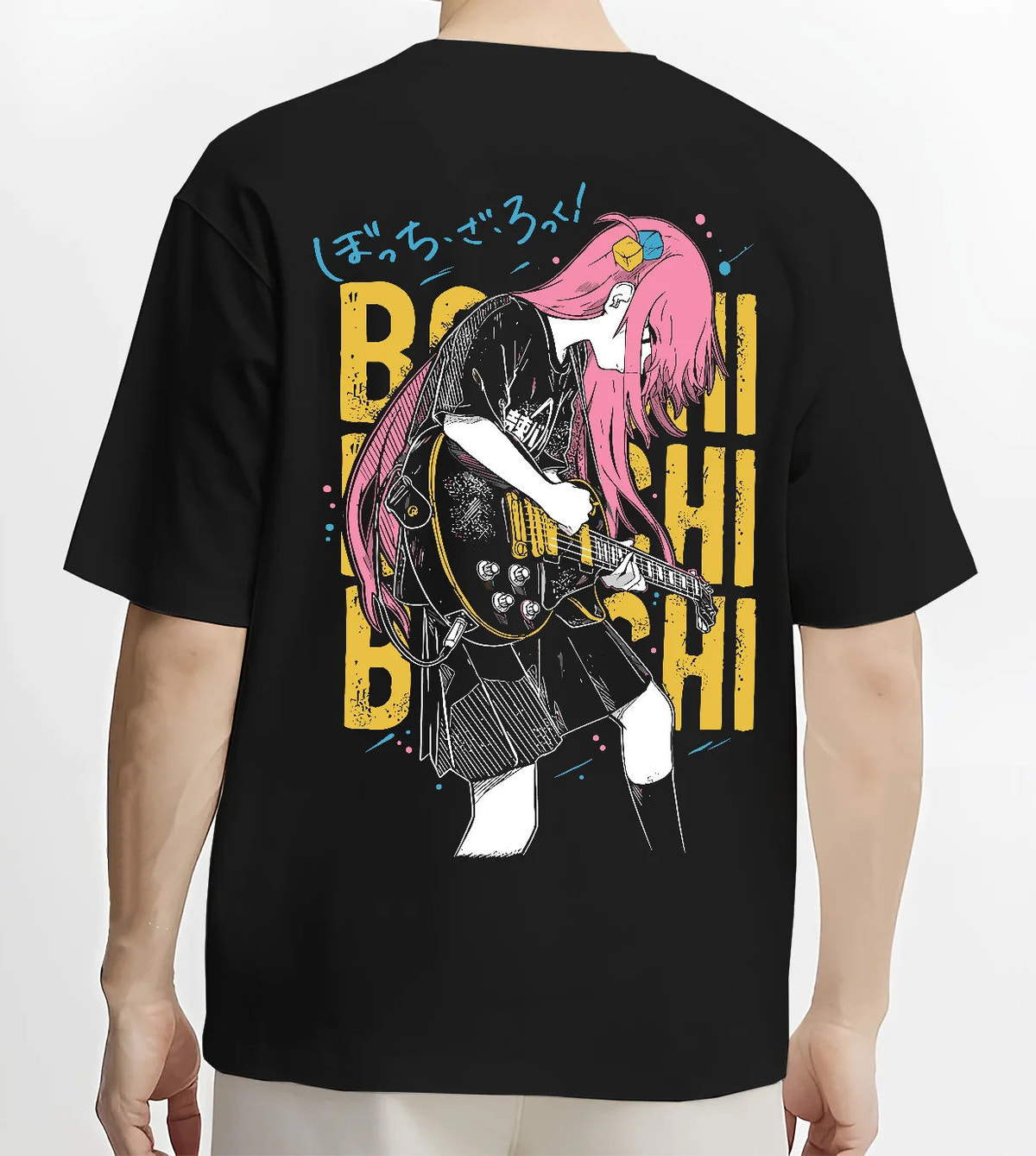 Black T-shirt model back view showing Hitori Gotoh / Bocchi from Bocchi the Rock!: guitar pose