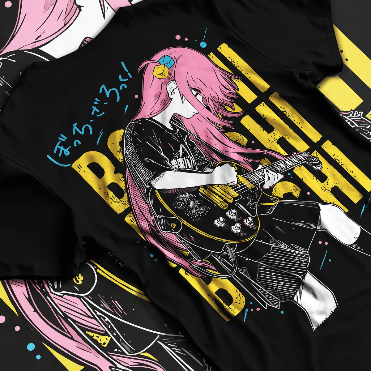 Black T-shirt flat back view showing Hitori Gotoh / Bocchi from Bocchi the Rock!: guitar pose