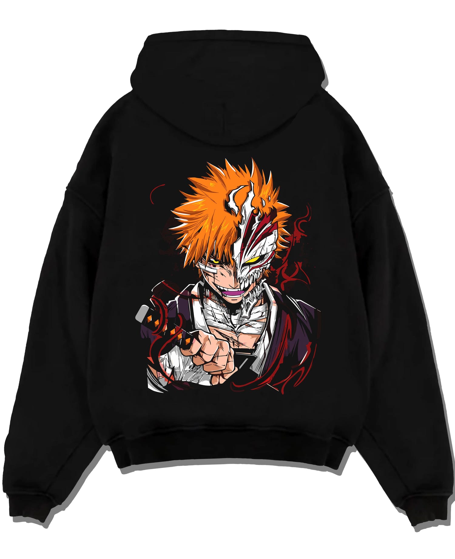 Black pullover hoodie laid flat with Ichigo Hollow Mask Hoodie Bleach Vizard Form Battle graphic premium wear.