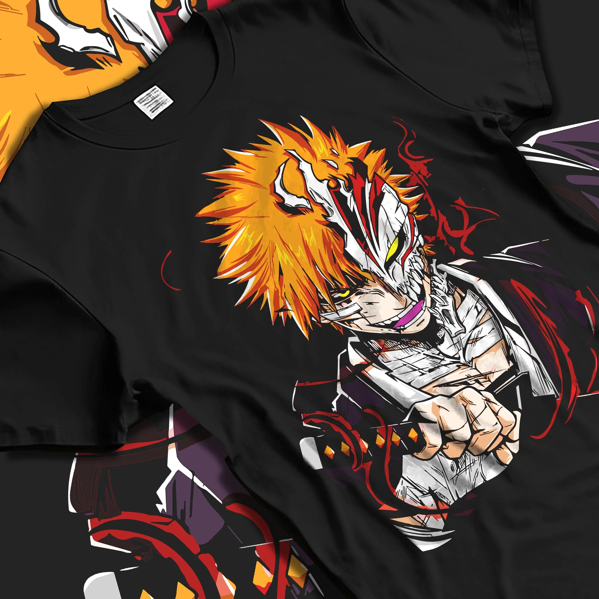 Black T-shirt laid flat with natural folds with Ichigo Hollow Mask Hoodie Bleach Vizard Form Battle graphic streetwear graphic.