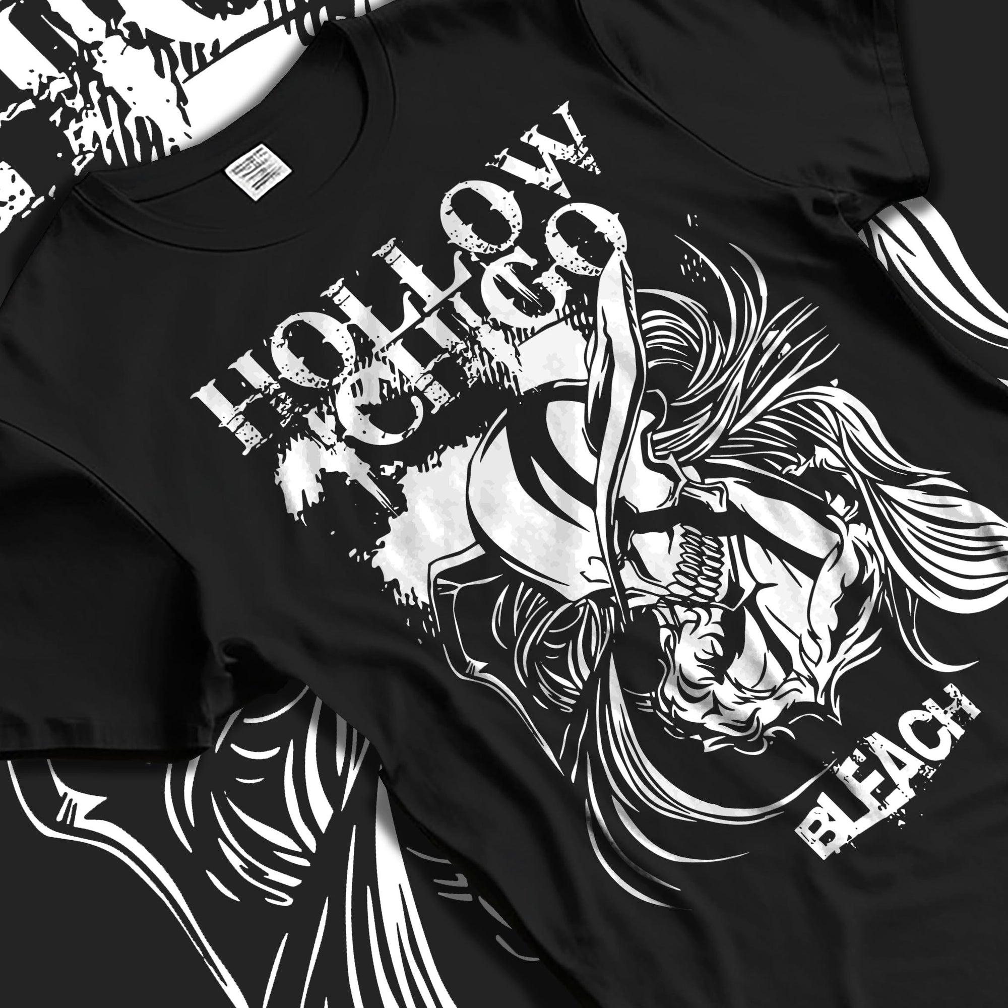Black T-shirt laid flat with natural fabric folds, featuring Hollow Ichigo Bleach anime poster inspired design in retro streetwear graphic style artwork.