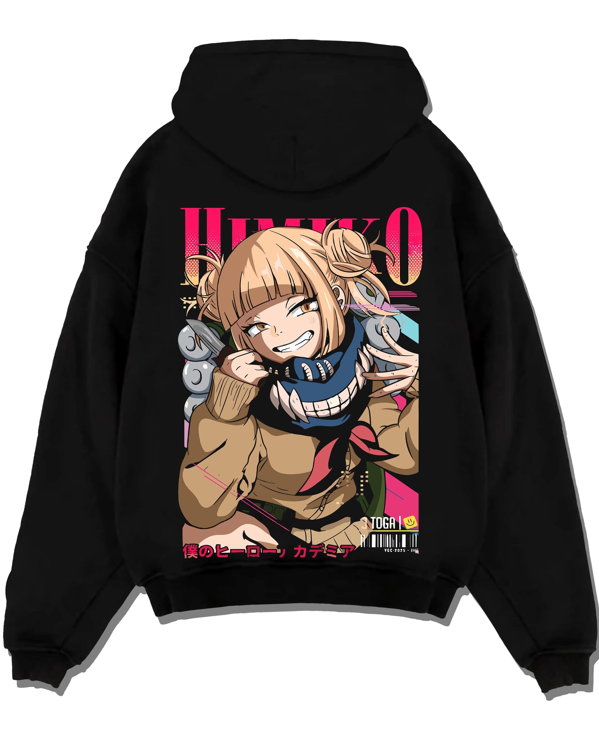 Black pullover hoodie laid flat with My Hero Academia Hoodie Himiko Toga Quirk Jumper graphic bold anime graphic.