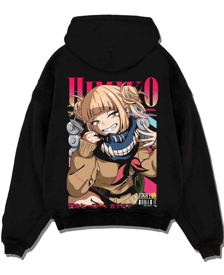 Black pullover hoodie laid flat with My Hero Academia Hoodie Himiko Toga Quirk Jumper graphic bold anime graphic.