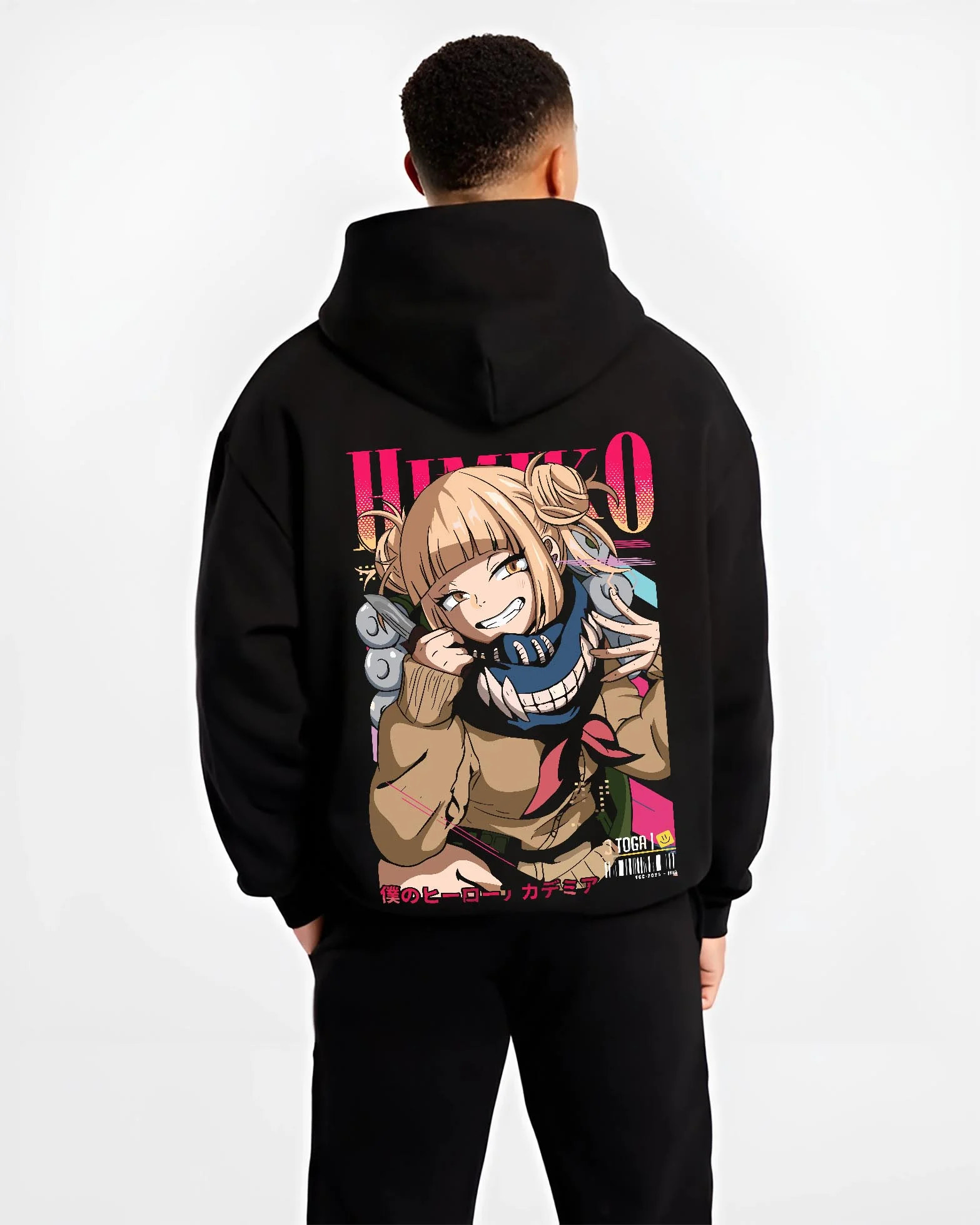 Black hoodie worn by male model, back view with My Hero Academia Hoodie Himiko Toga Quirk Jumper graphic streetwear graphic.