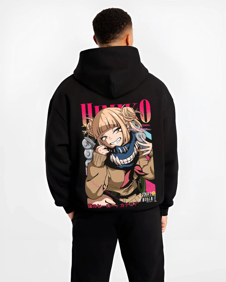 Black hoodie worn by male model, back view with My Hero Academia Hoodie Himiko Toga Quirk Jumper graphic streetwear graphic.