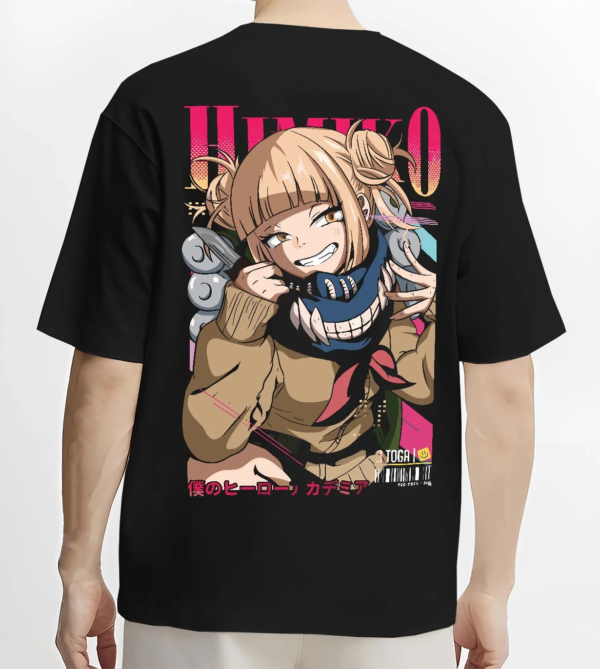Black T-shirt worn by male model, back view with My Hero Academia Hoodie Himiko Toga Quirk Jumper graphic streetwear graphic.