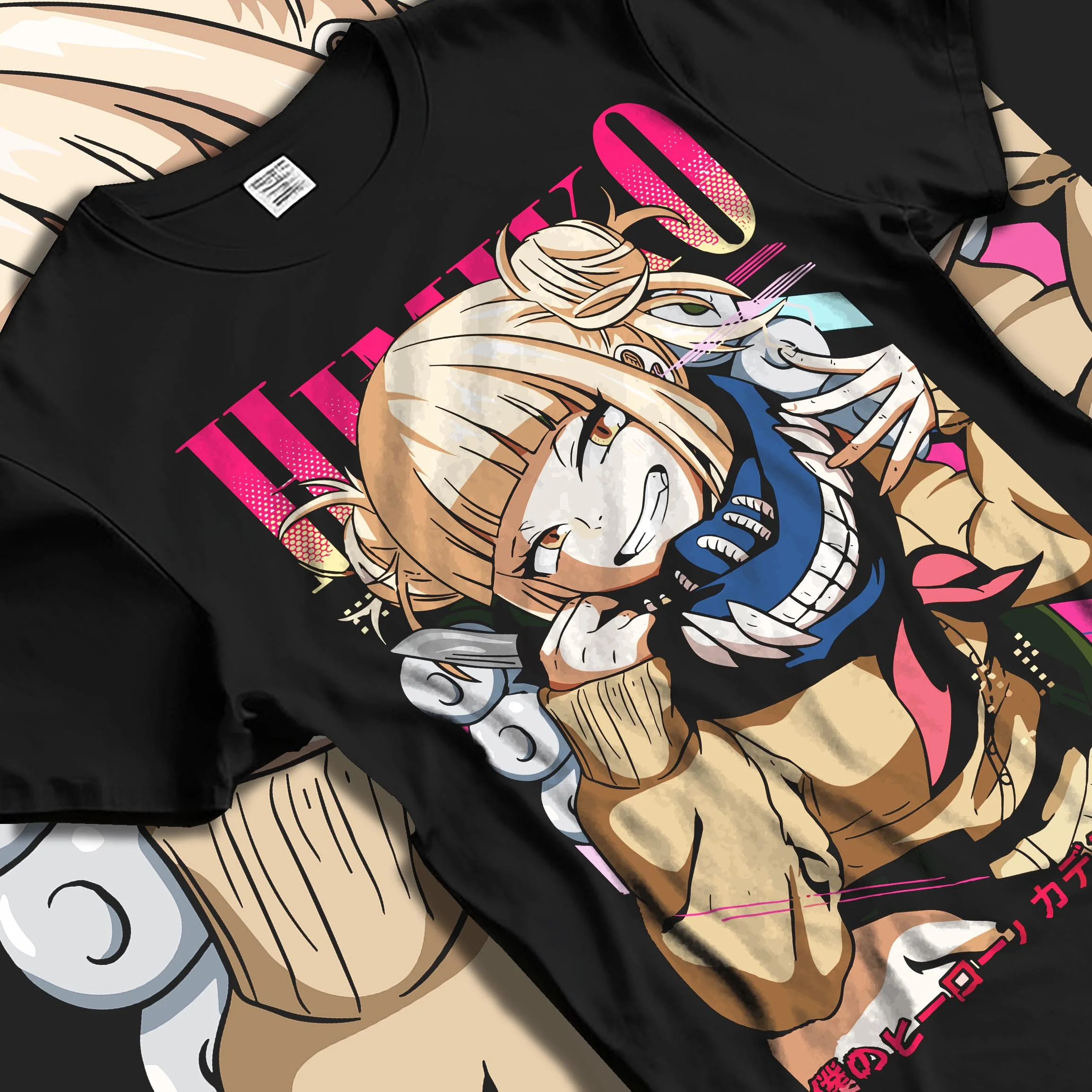 Black T-shirt laid flat with natural folds with My Hero Academia Hoodie Himiko Toga Quirk Jumper graphic bold anime graphic.