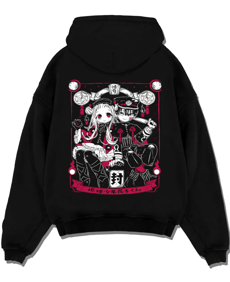 Black pullover hoodie laid flat on white background, featuring Hanako-kun and Nene Yashiro in a retro manga graphic duo design.