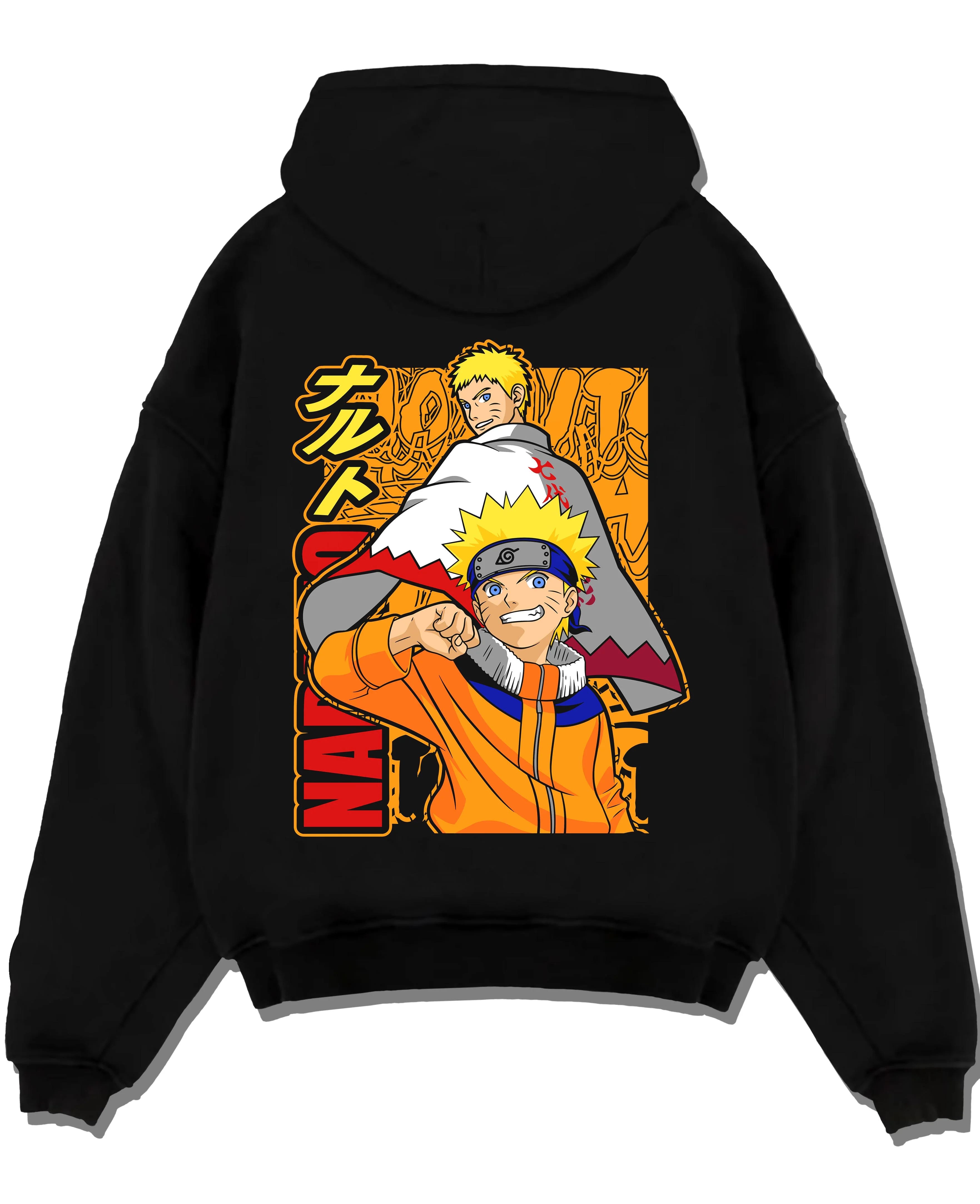 Black pullover hoodie laid flat with Naruto Hoodie Uzumaki Naruto Hokage Legacy Jumper graphic premium wear.