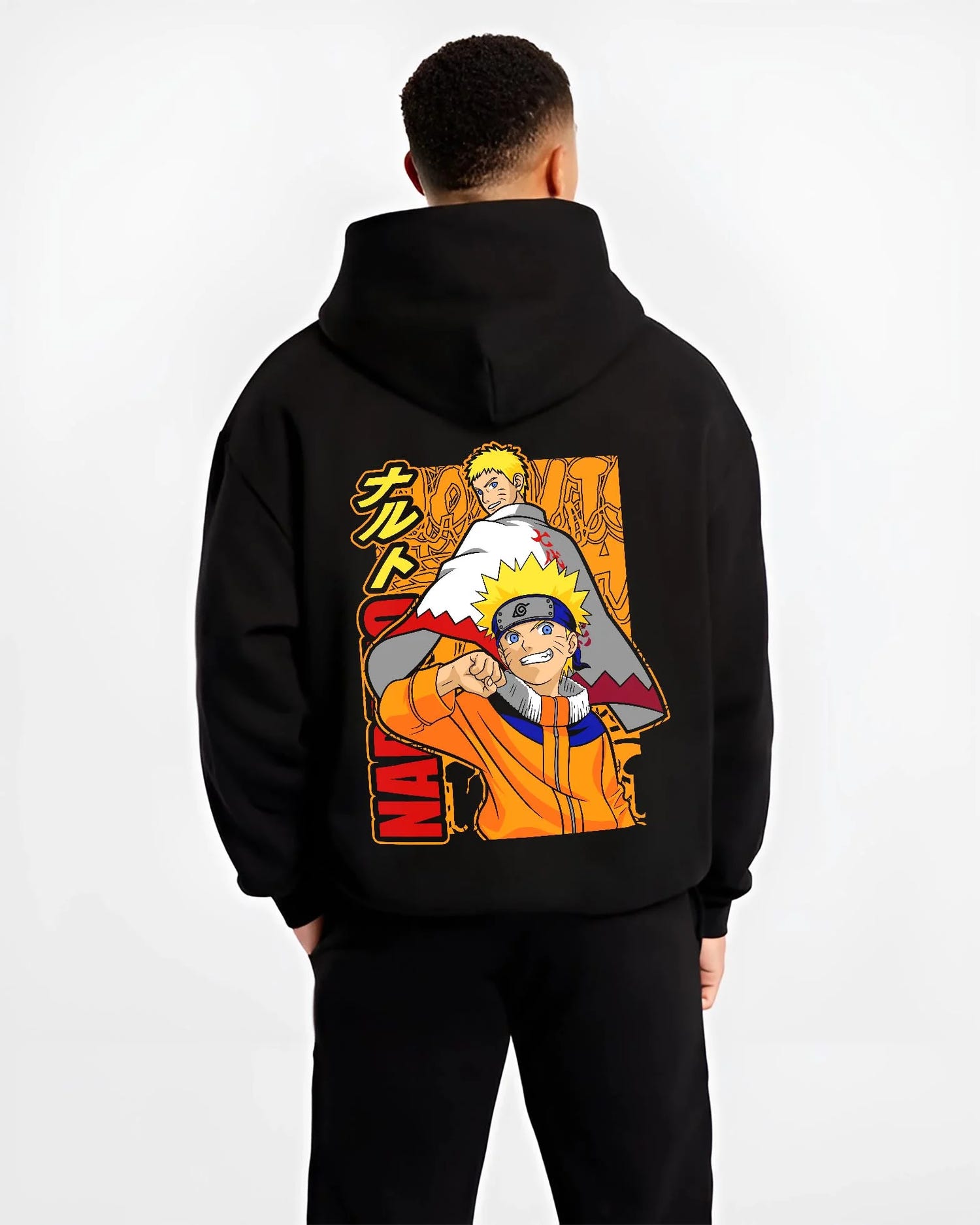 Black hoodie worn by male model, back view with Naruto Hoodie Uzumaki Naruto Hokage Legacy Jumper graphic bold anime graphic.