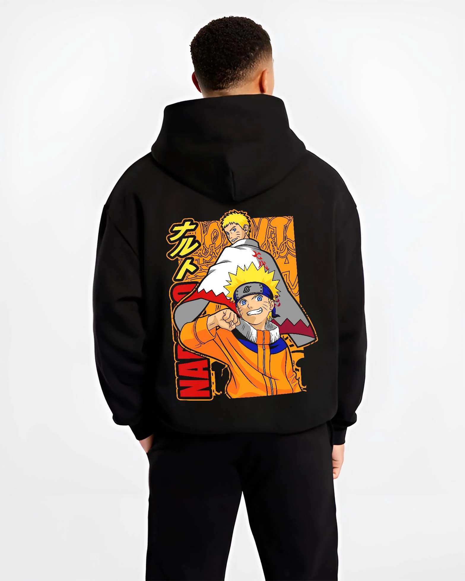 Black hoodie worn by male model, back view with Naruto Hoodie Uzumaki Naruto Hokage Legacy Jumper graphic bold anime graphic.