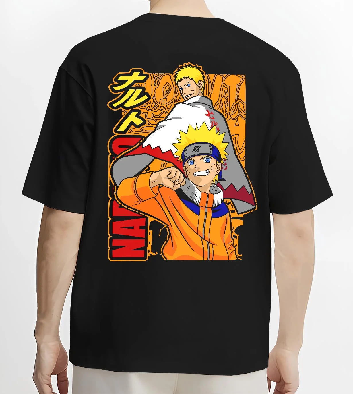 Black T-shirt worn by male model, back view with Naruto Hoodie Uzumaki Naruto Hokage Legacy Jumper graphic bold anime graphic.