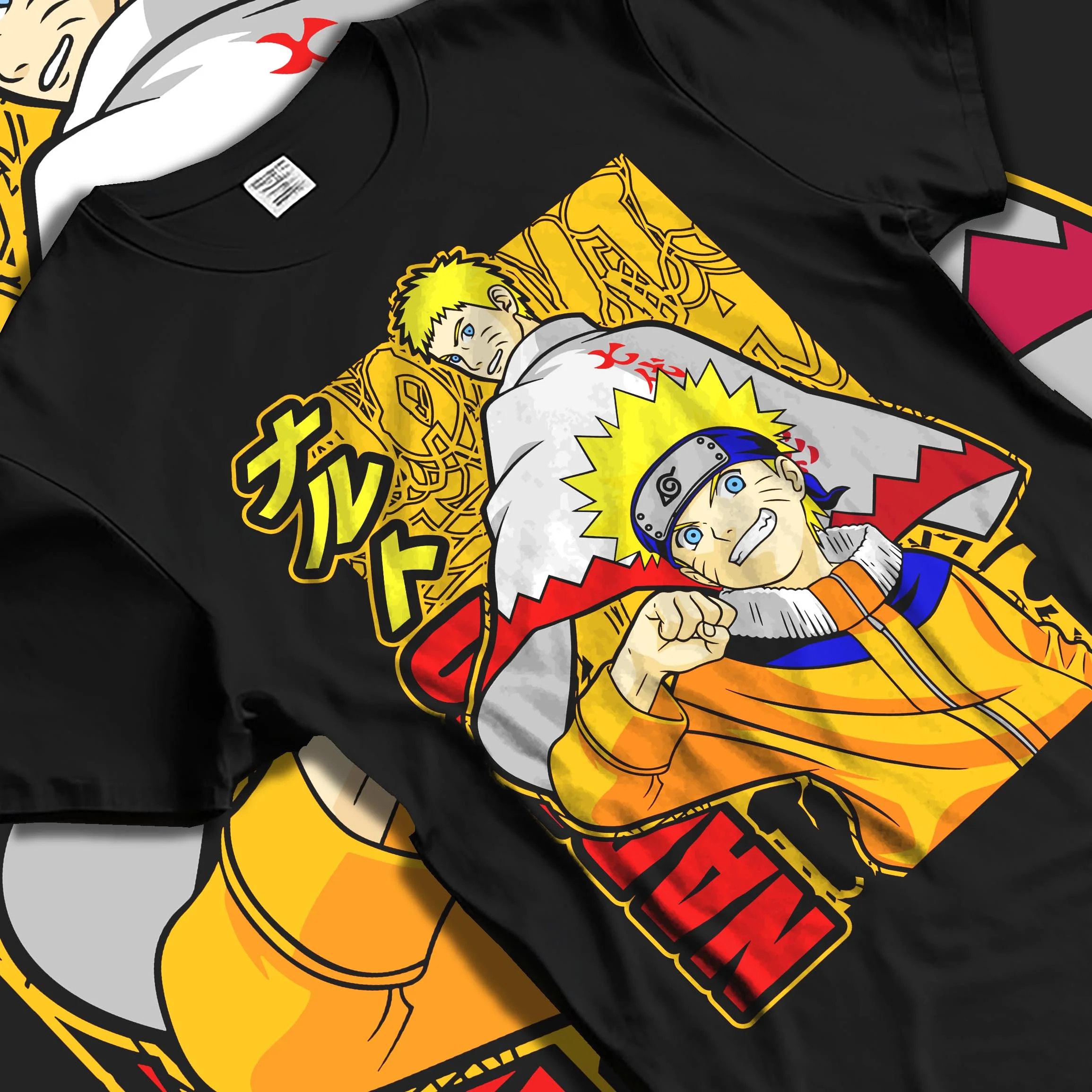 Black T-shirt laid flat with natural folds with Naruto Hoodie Uzumaki Naruto Hokage Legacy Jumper graphic streetwear graphic.