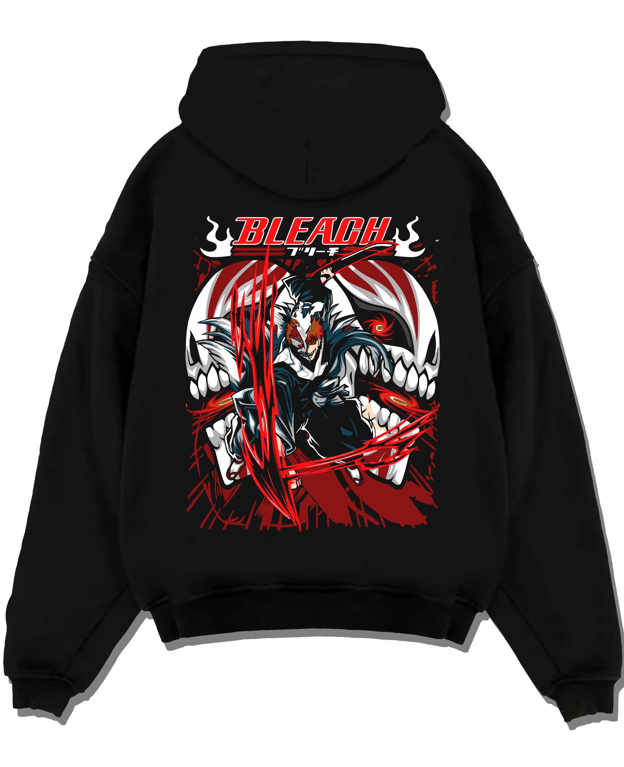 Black pullover hoodie laid flat with Ichigo Hollow Form Hoodie Bleach Inner Hollow Rage graphic premium wear.