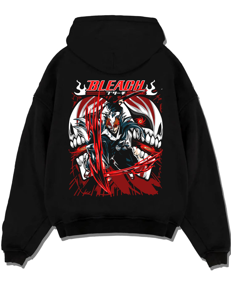 Black pullover hoodie laid flat with Ichigo Hollow Form Hoodie Bleach Inner Hollow Rage graphic premium wear.