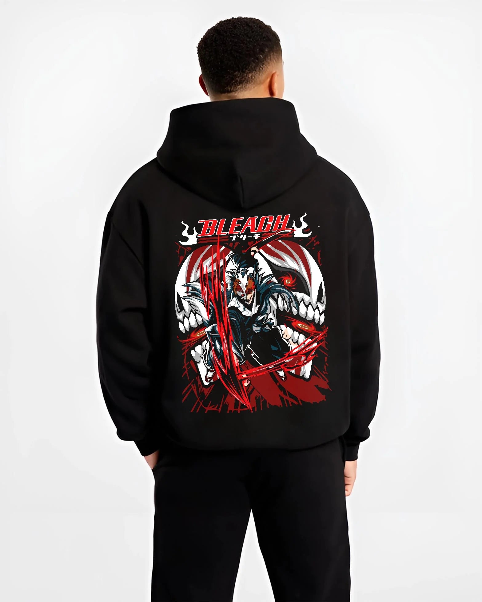 Black hoodie worn by male model, back view with Ichigo Hollow Form Hoodie Bleach Inner Hollow Rage graphic bold anime graphic.