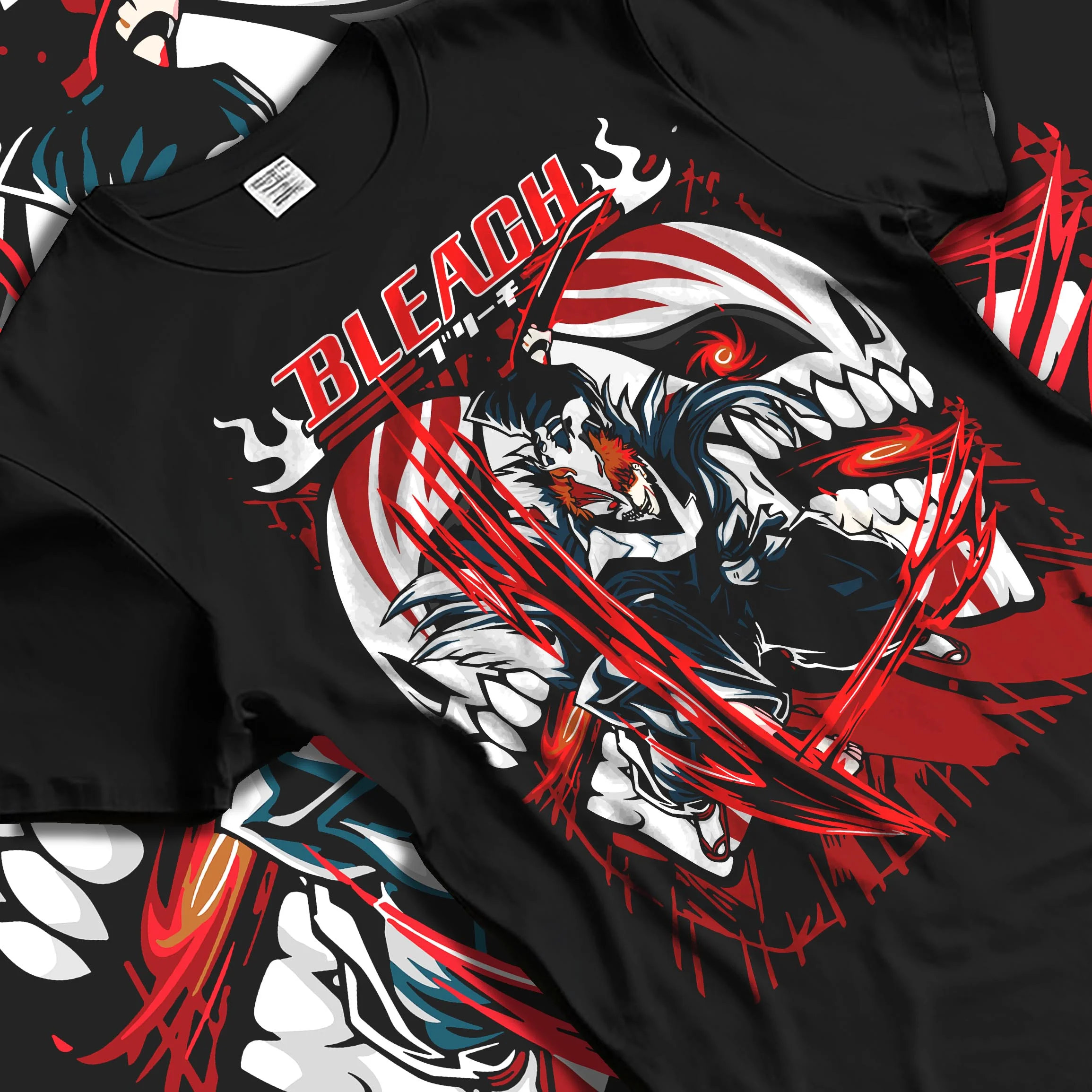 Black T-shirt laid flat with natural folds with Ichigo Hollow Form Hoodie Bleach Inner Hollow Rage graphic bold anime graphic.