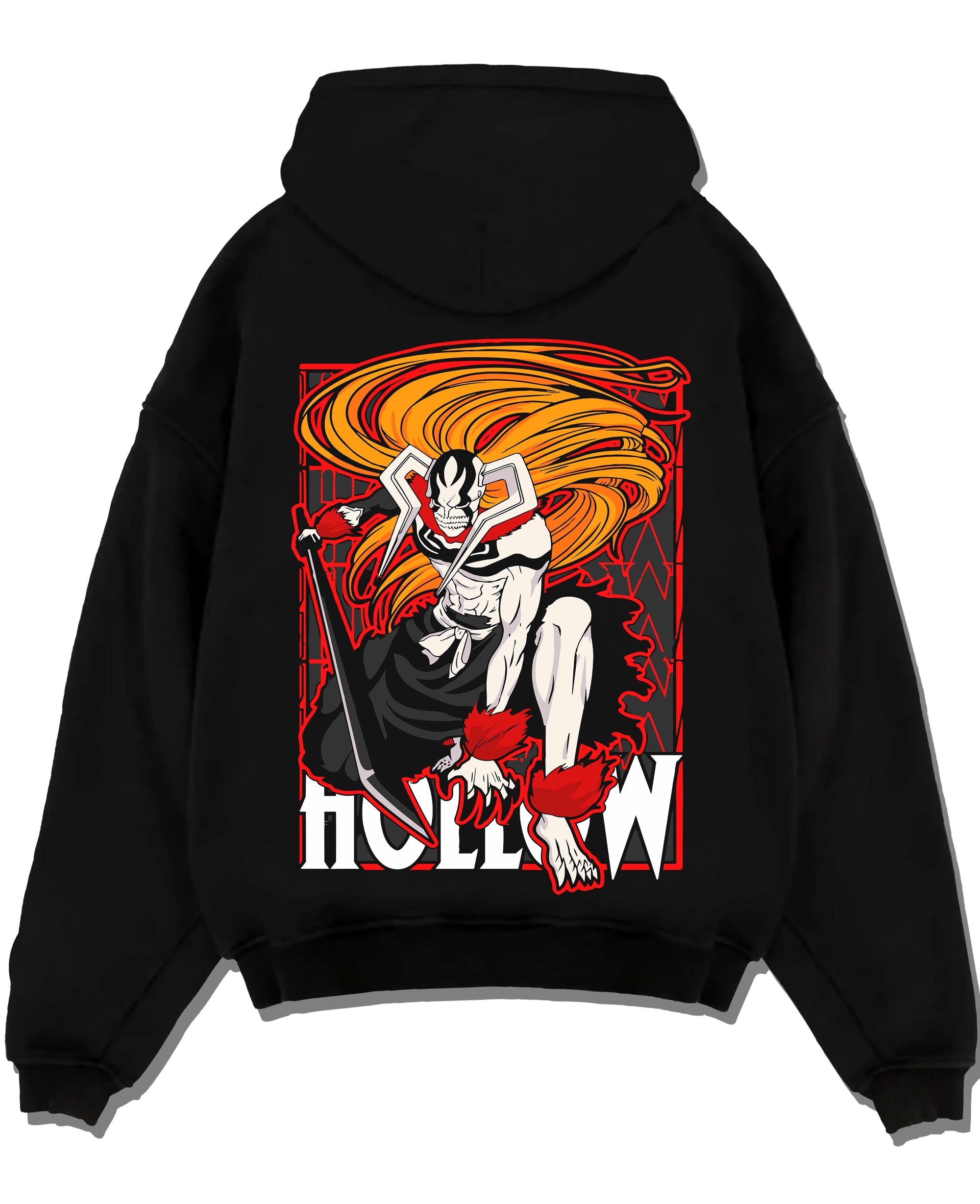 Black pullover hoodie laid flat with Ichigo Hollow Rage Hoodie Bleach Shinigami Vizard graphic premium wear.