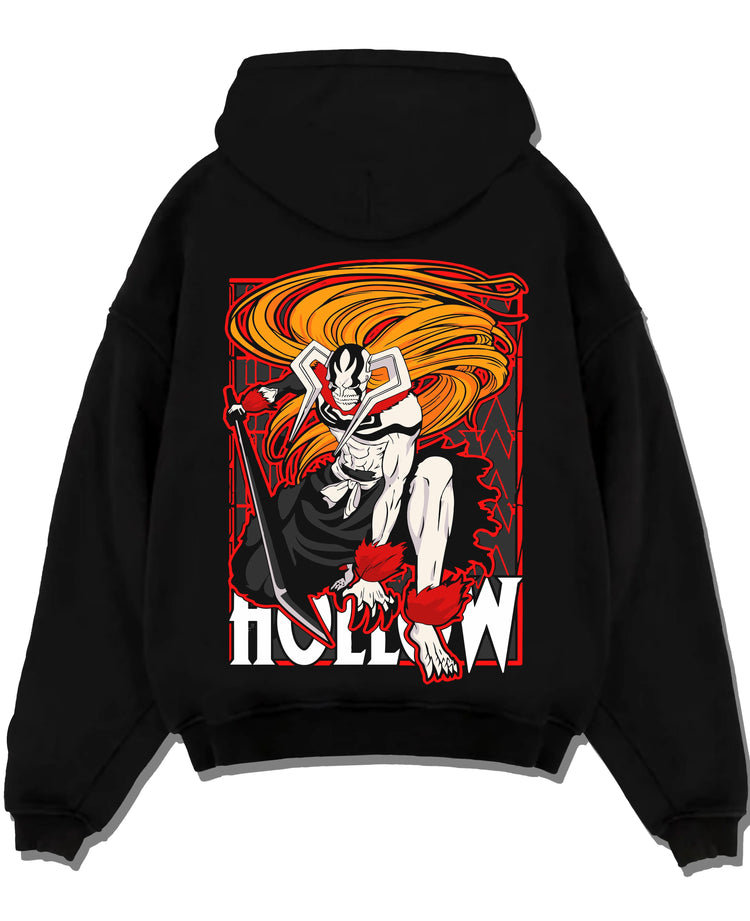 Black pullover hoodie laid flat with Ichigo Hollow Rage Hoodie Bleach Shinigami Vizard graphic premium wear.