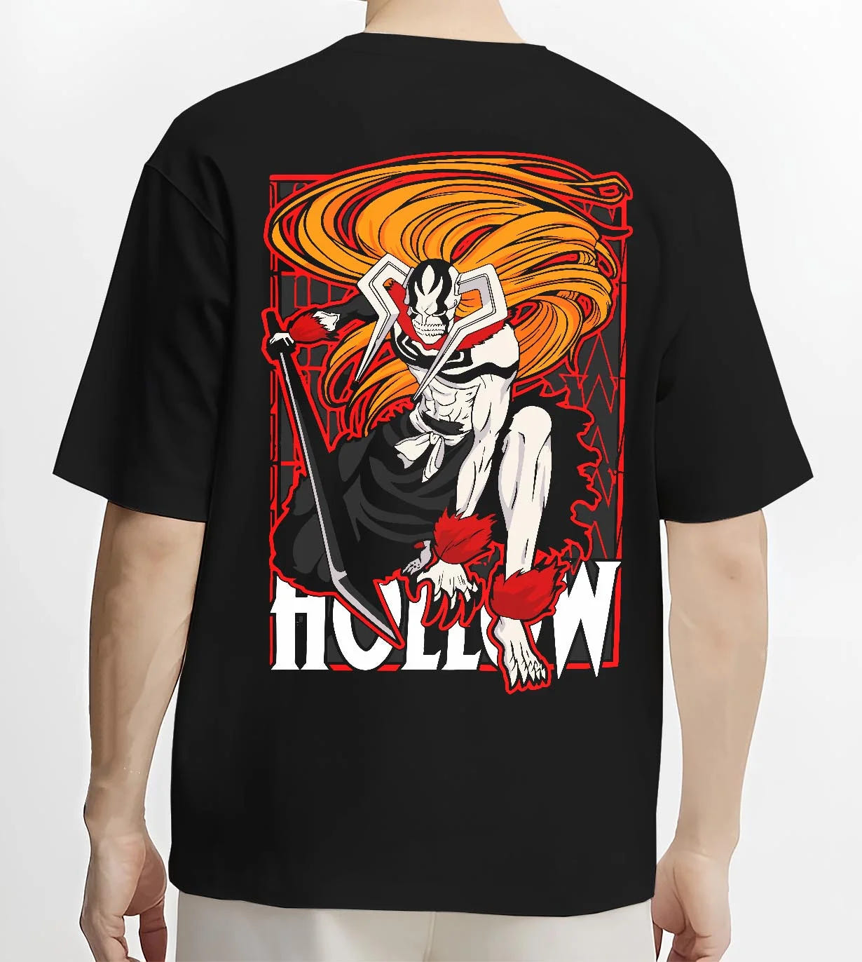 Black T-shirt worn by male model, back view with Ichigo Hollow Rage Hoodie Bleach Shinigami Vizard graphic premium wear.