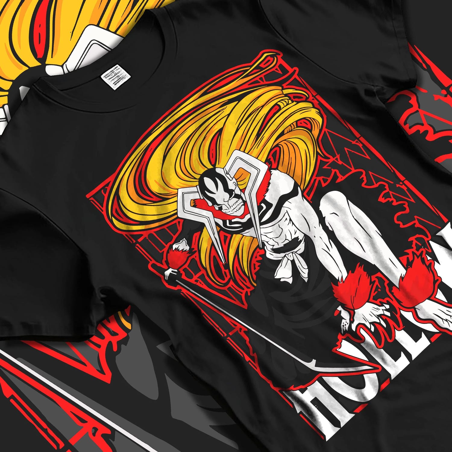 Black T-shirt laid flat with natural folds with Ichigo Hollow Rage Hoodie Bleach Shinigami Vizard graphic streetwear graphic.
