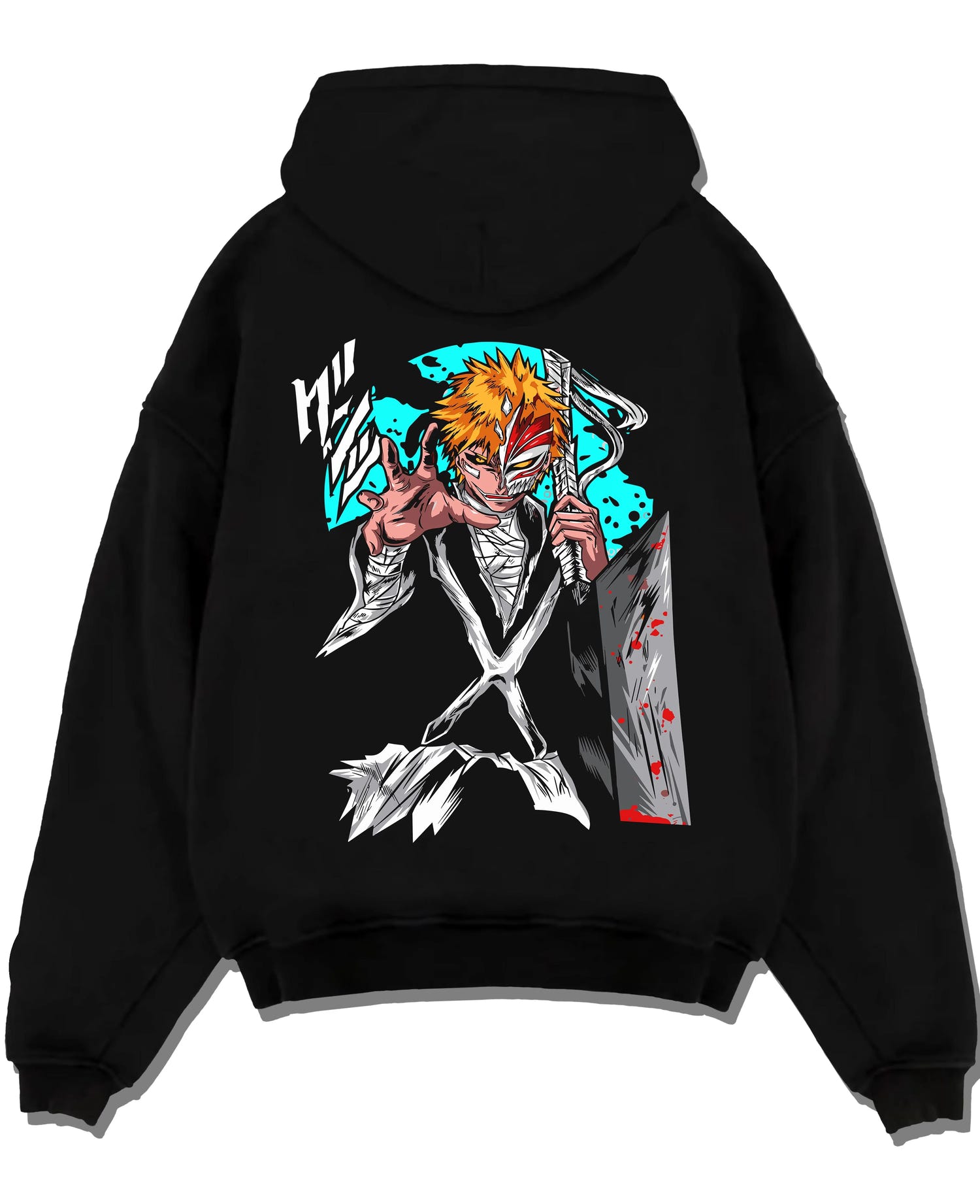 Black pullover hoodie laid flat with Ichigo Hollow Mask Hoodie Bleach Anime Warrior Jumper graphic streetwear graphic.