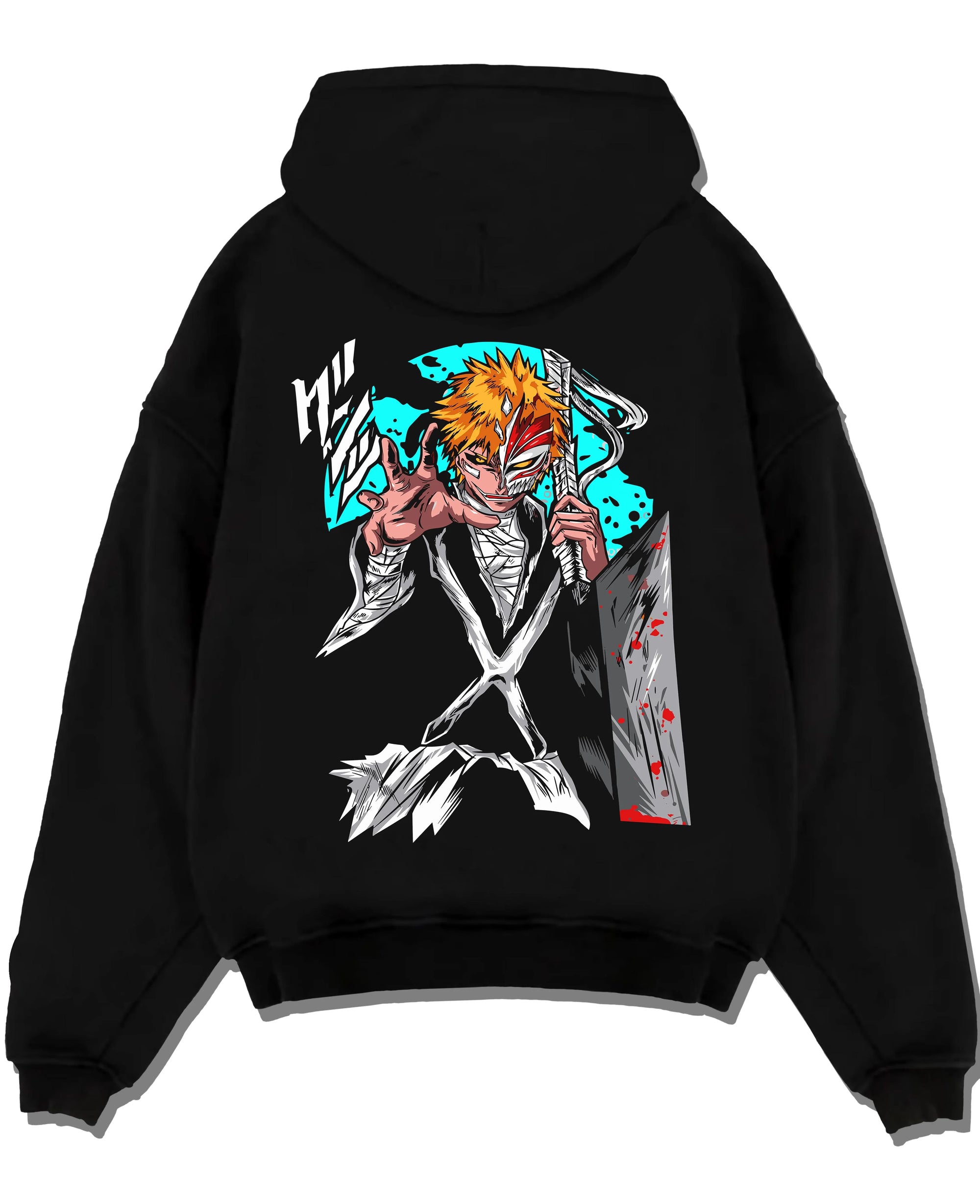 Black pullover hoodie laid flat with Ichigo Hollow Mask Hoodie Bleach Anime Warrior Jumper graphic streetwear graphic.