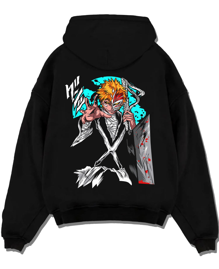 Black pullover hoodie laid flat with Ichigo Hollow Mask Hoodie Bleach Anime Warrior Jumper graphic streetwear graphic.