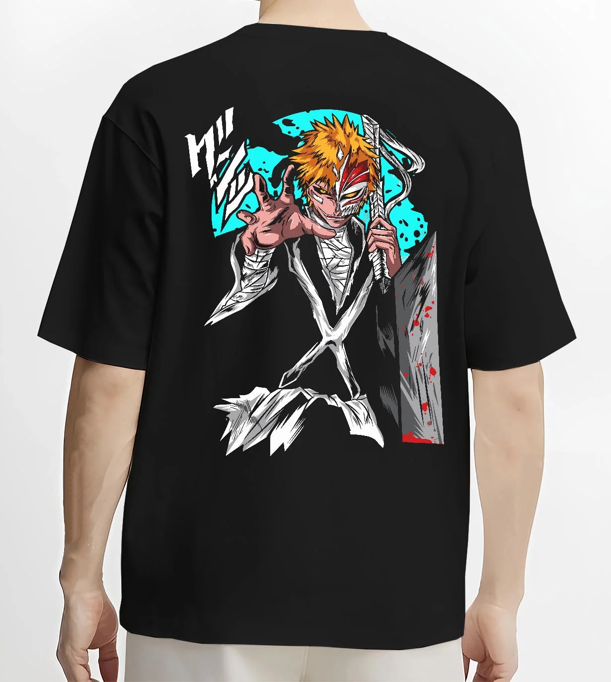 Black T-shirt worn by male model, back view with Ichigo Hollow Mask Hoodie Bleach Anime Warrior Jumper graphic streetwear graphic.