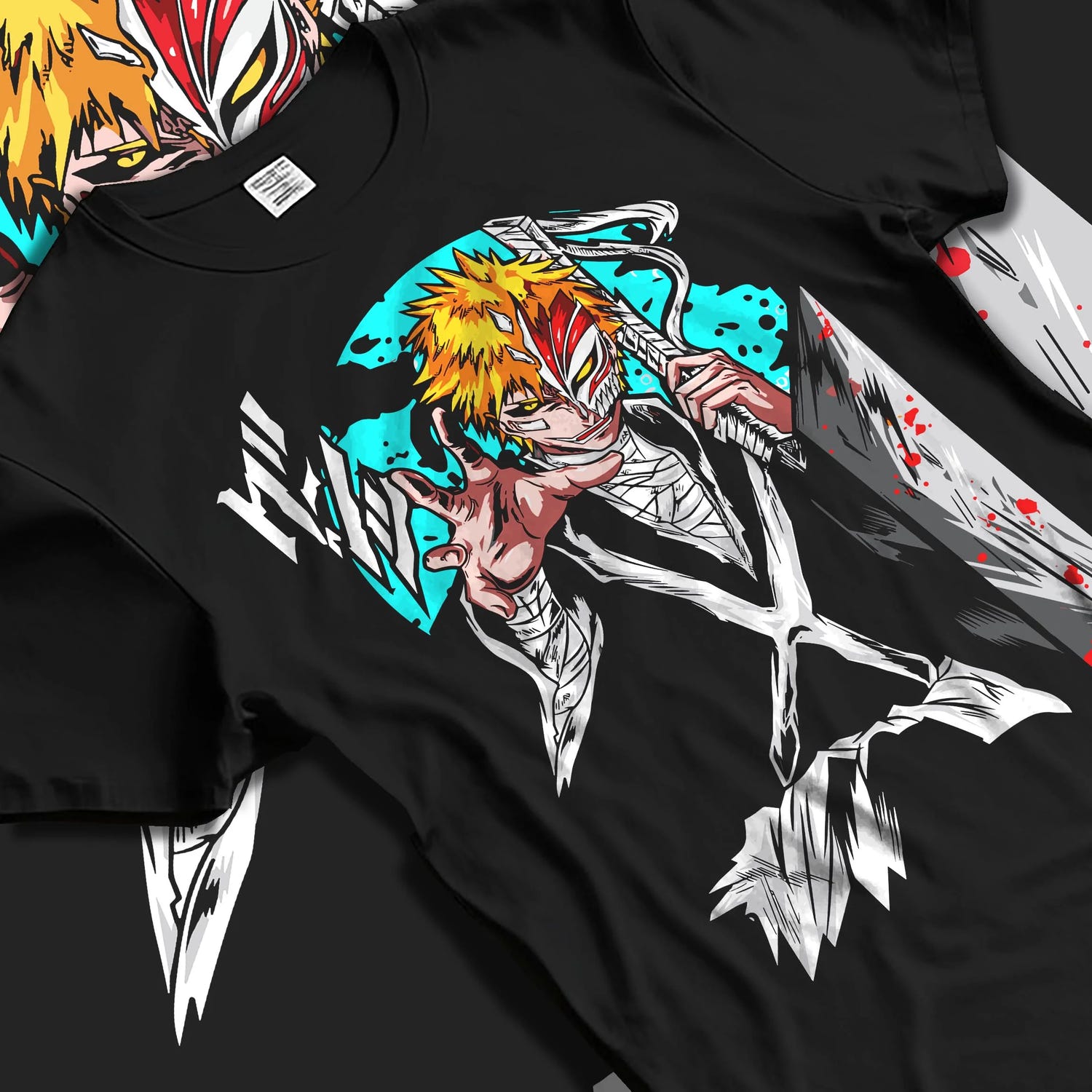 Black T-shirt laid flat with natural folds with Ichigo Hollow Mask Hoodie Bleach Anime Warrior Jumper graphic streetwear graphic.