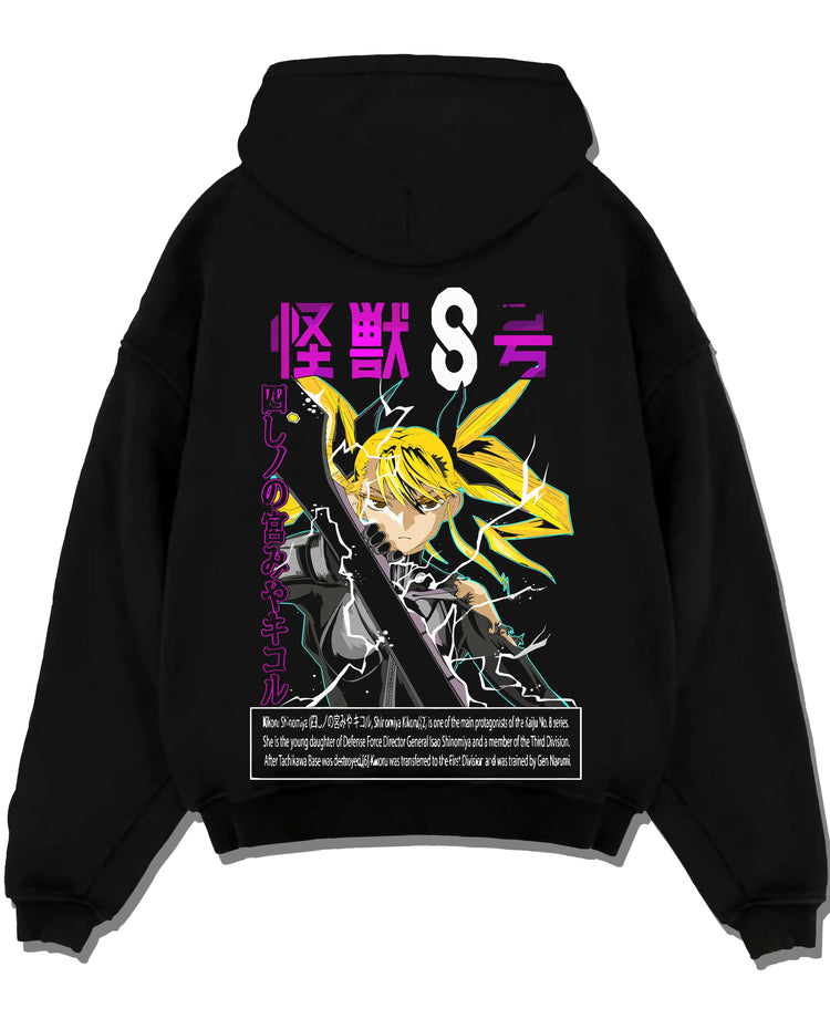 Black pullover hoodie laid flat with Kaiju No. 8 Hoodie Shin Monster Defence Jumper graphic Shin anime design.