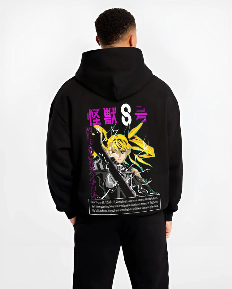 Black hoodie worn by male model, back view with Kaiju No. 8 Hoodie Shin Monster Defence Jumper graphic Shin themed artwork.