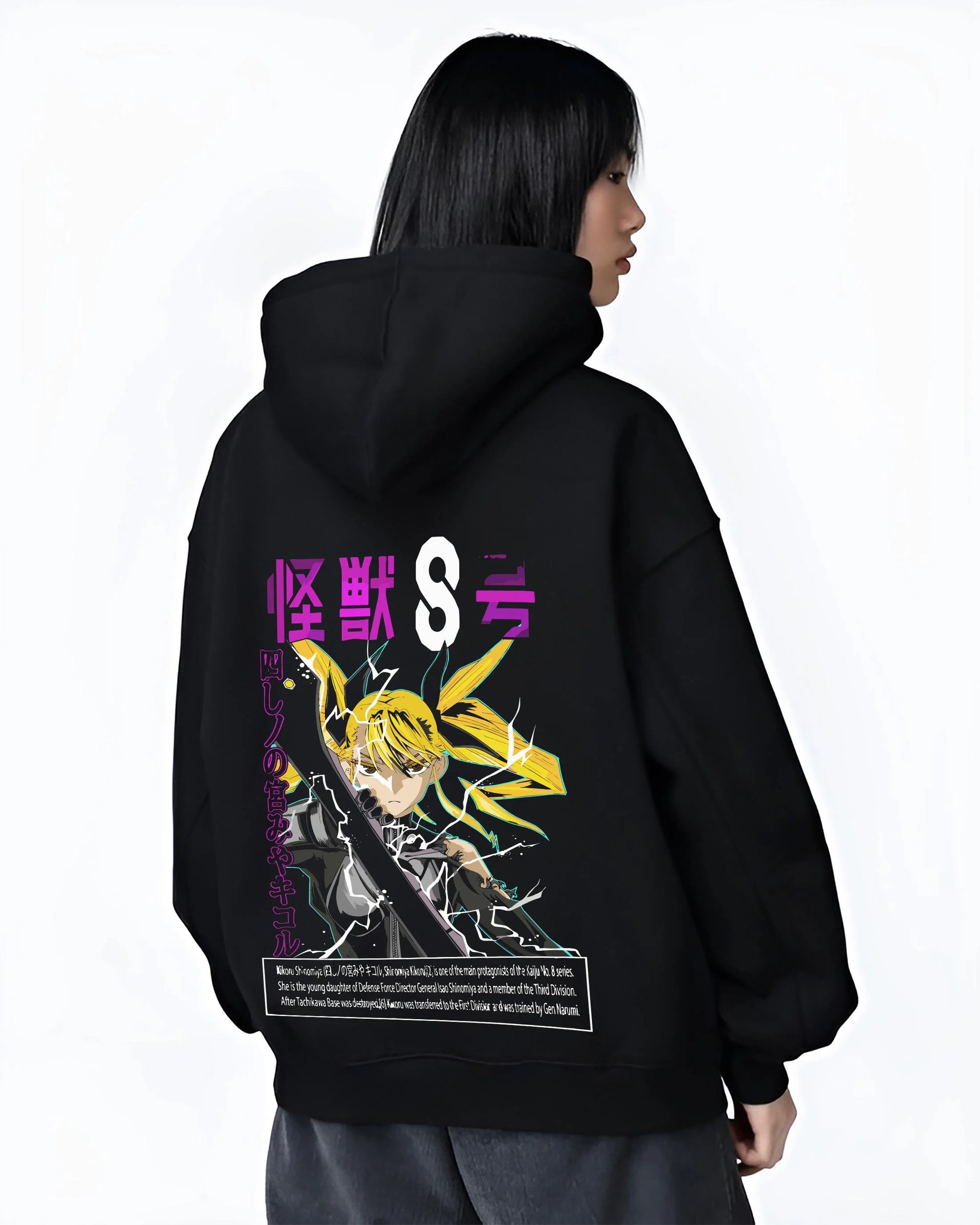 Black hoodie worn by female model, back view with Kaiju No. 8 Hoodie Shin Monster Defence Jumper graphic Shin anime design.