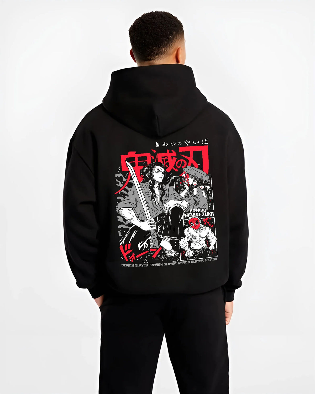 Black hoodie model back view showing Hotaru Haganezuka from Demon Slayer: swordsmith portrait