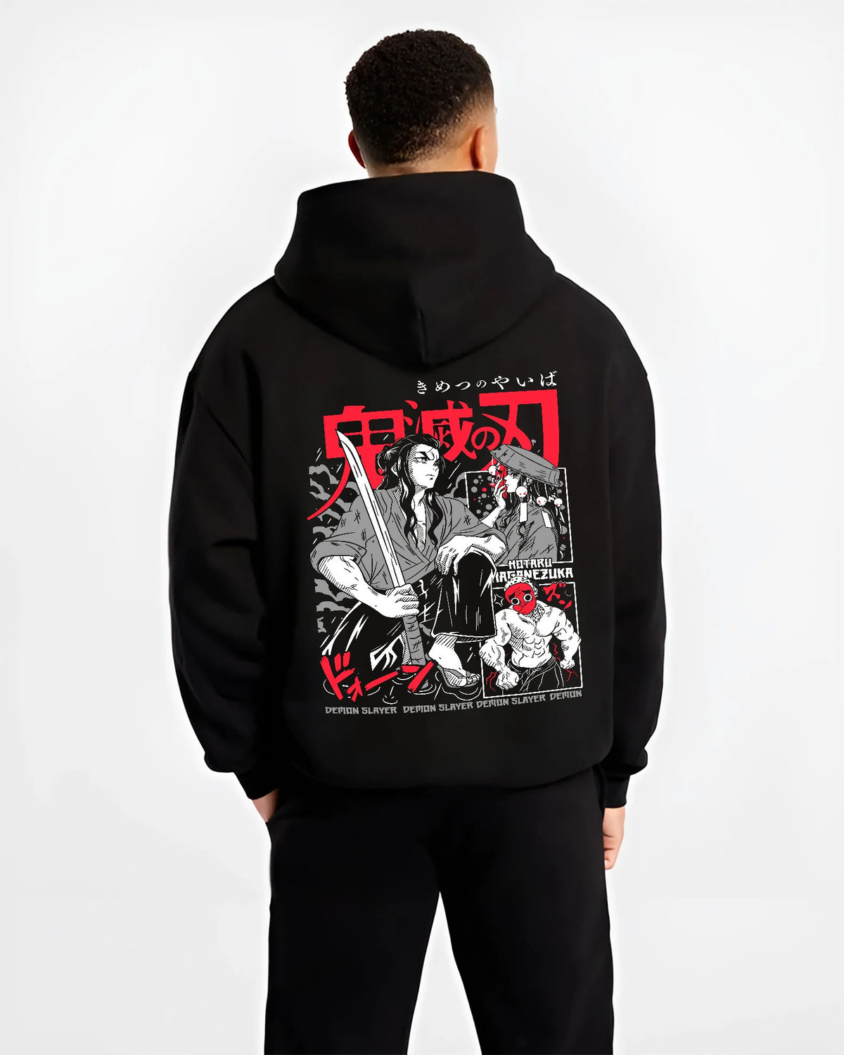 Black hoodie model back view showing Hotaru Haganezuka from Demon Slayer: swordsmith portrait
