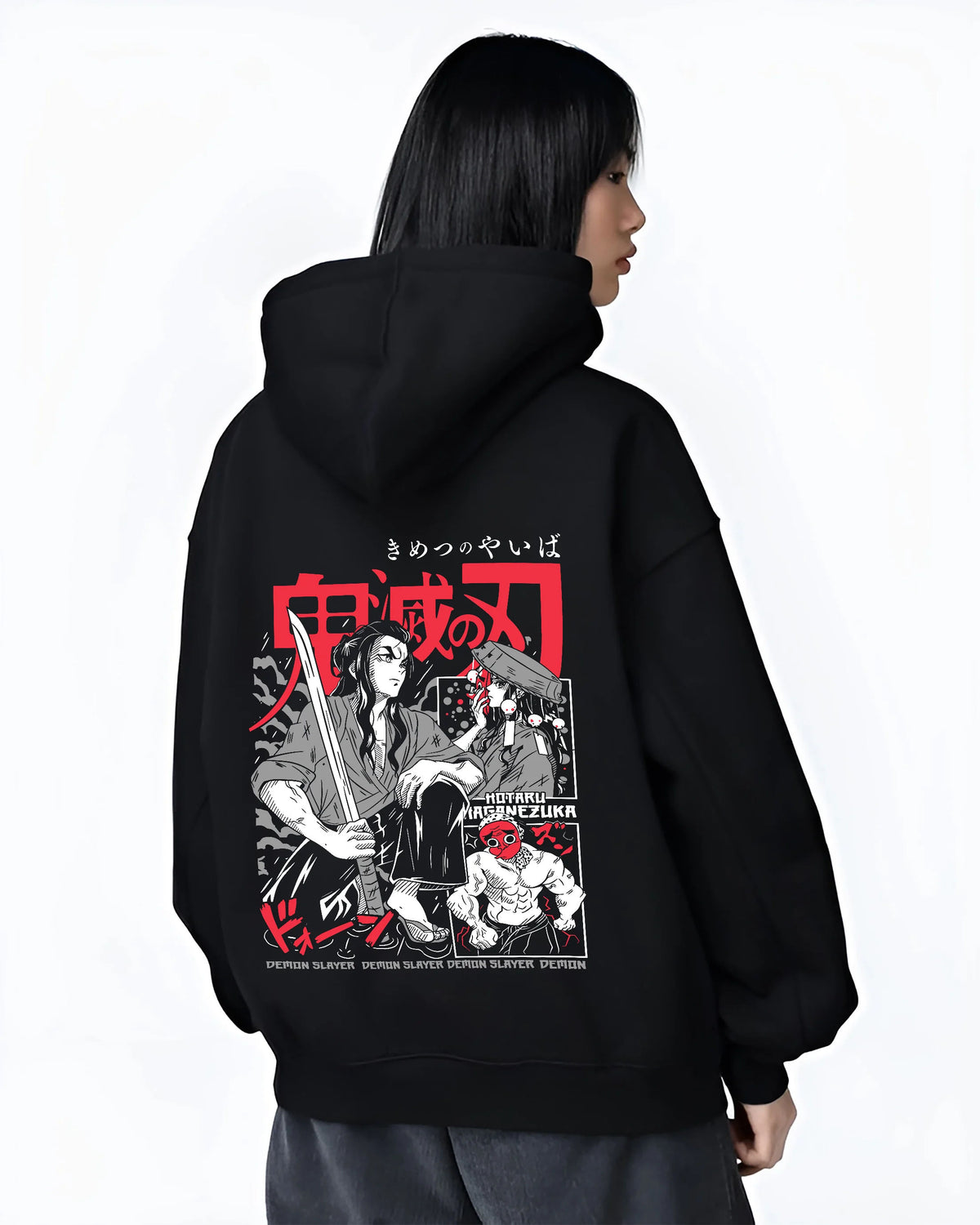 Black hoodie female model back view showing Hotaru Haganezuka from Demon Slayer: swordsmith portrait