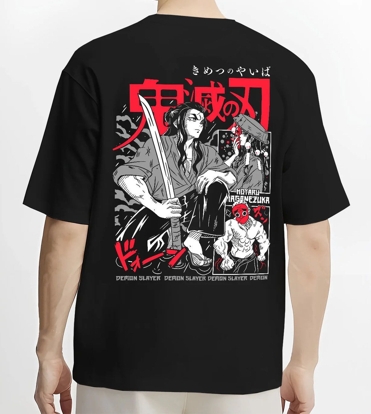 Black T-shirt model back view showing Hotaru Haganezuka from Demon Slayer: swordsmith portrait