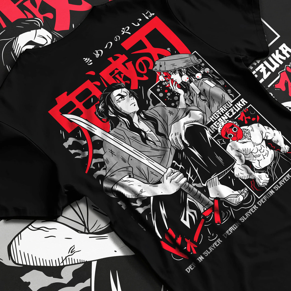 Black T-shirt flat back view showing Hotaru Haganezuka from Demon Slayer: swordsmith portrait
