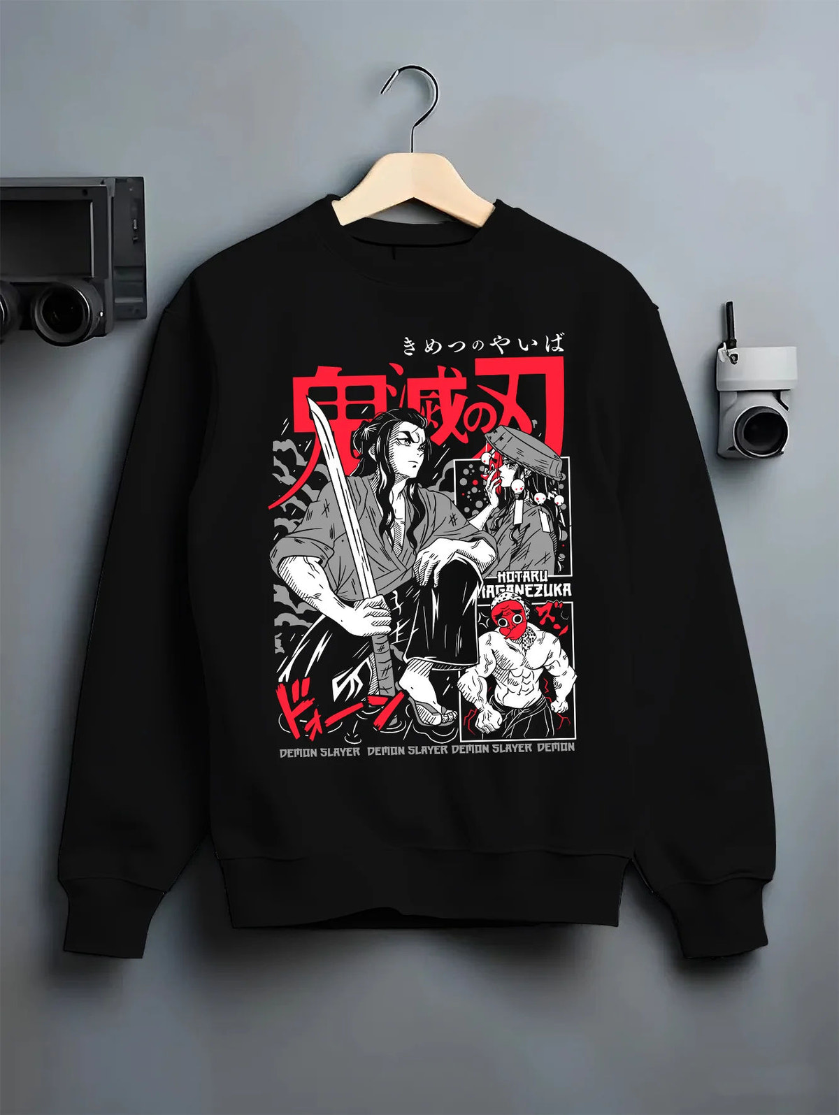 Black crewneck sweatshirt on hanger showing Hotaru Haganezuka from Demon Slayer: swordsmith portrait