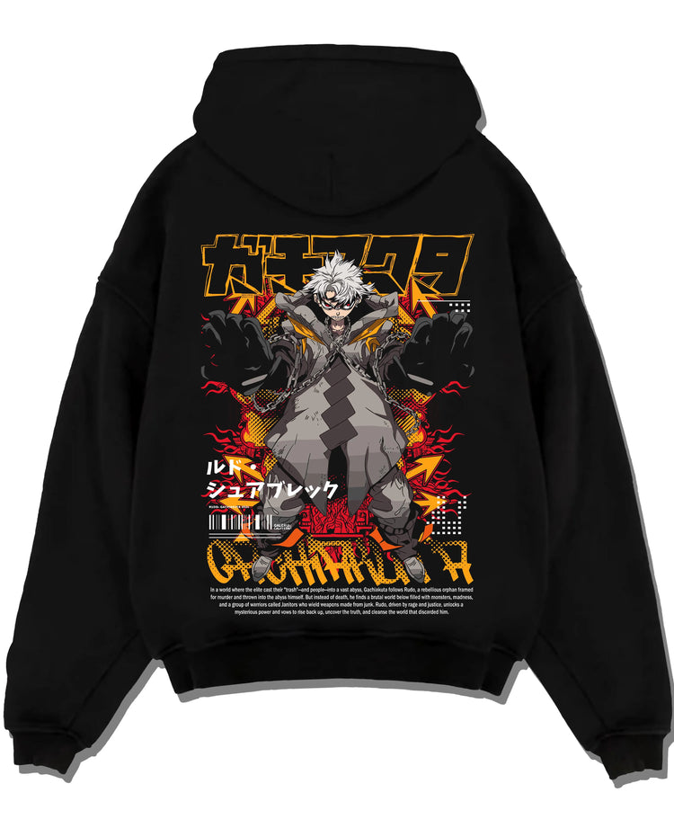 Black pullover hoodie laid flat with Gachiakuta Hoodie Rasem Dark Aura Jumper graphic streetwear graphic.