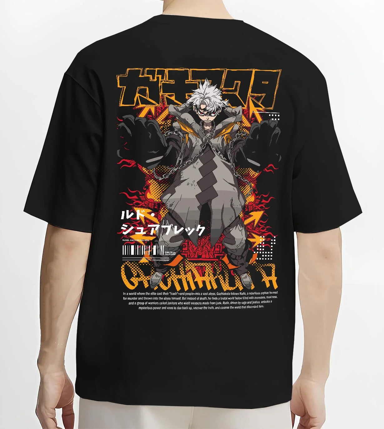 Black T-shirt worn by male model, back view with Gachiakuta Hoodie Rasem Dark Aura Jumper graphic Rasem anime design.