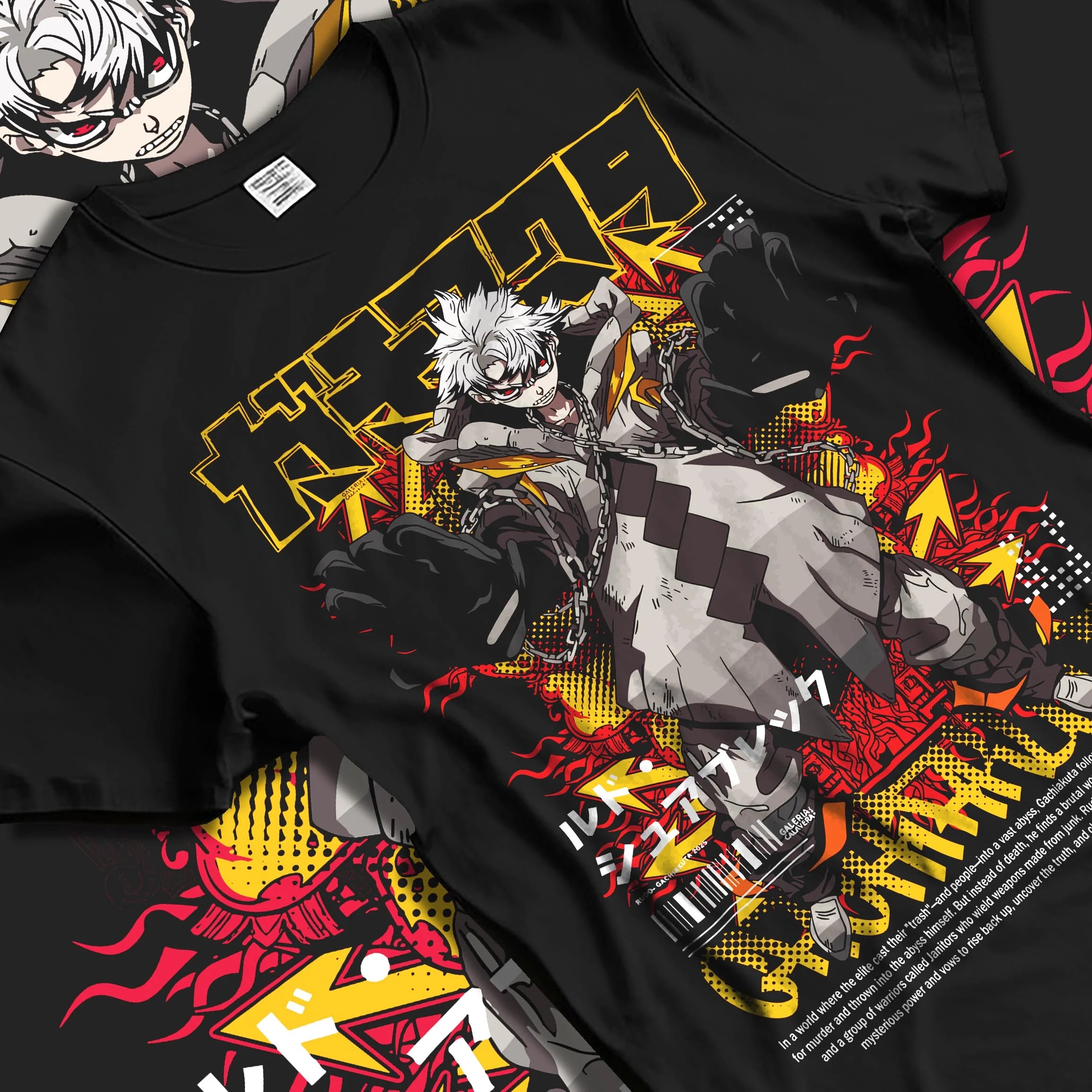 Black T-shirt laid flat with natural folds with Gachiakuta Hoodie Rasem Dark Aura Jumper graphic bold anime graphic.