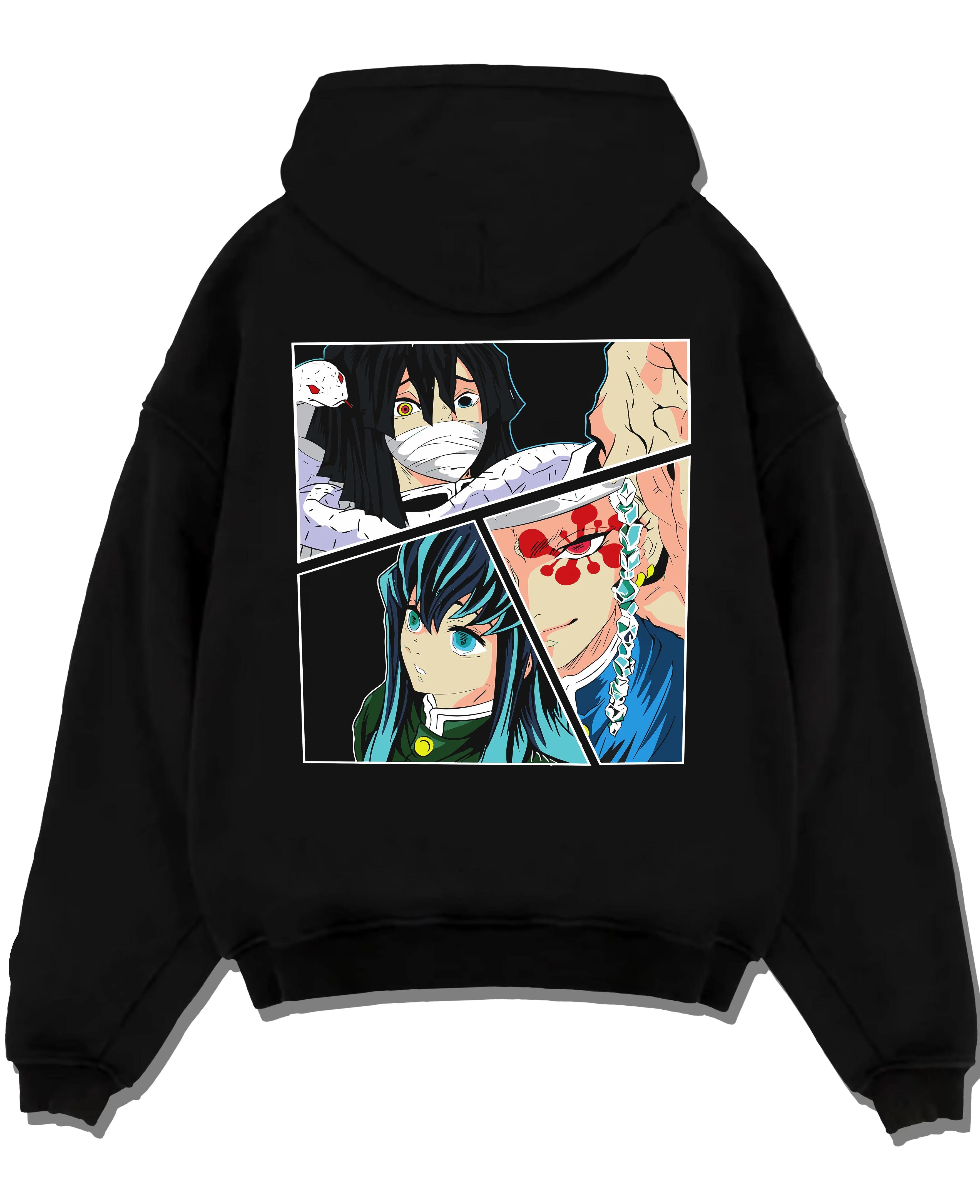 Black pullover hoodie laid flat with Shinobu Hoodie Demon Slayer Insect Hashira Butterfly graphic premium wear.
