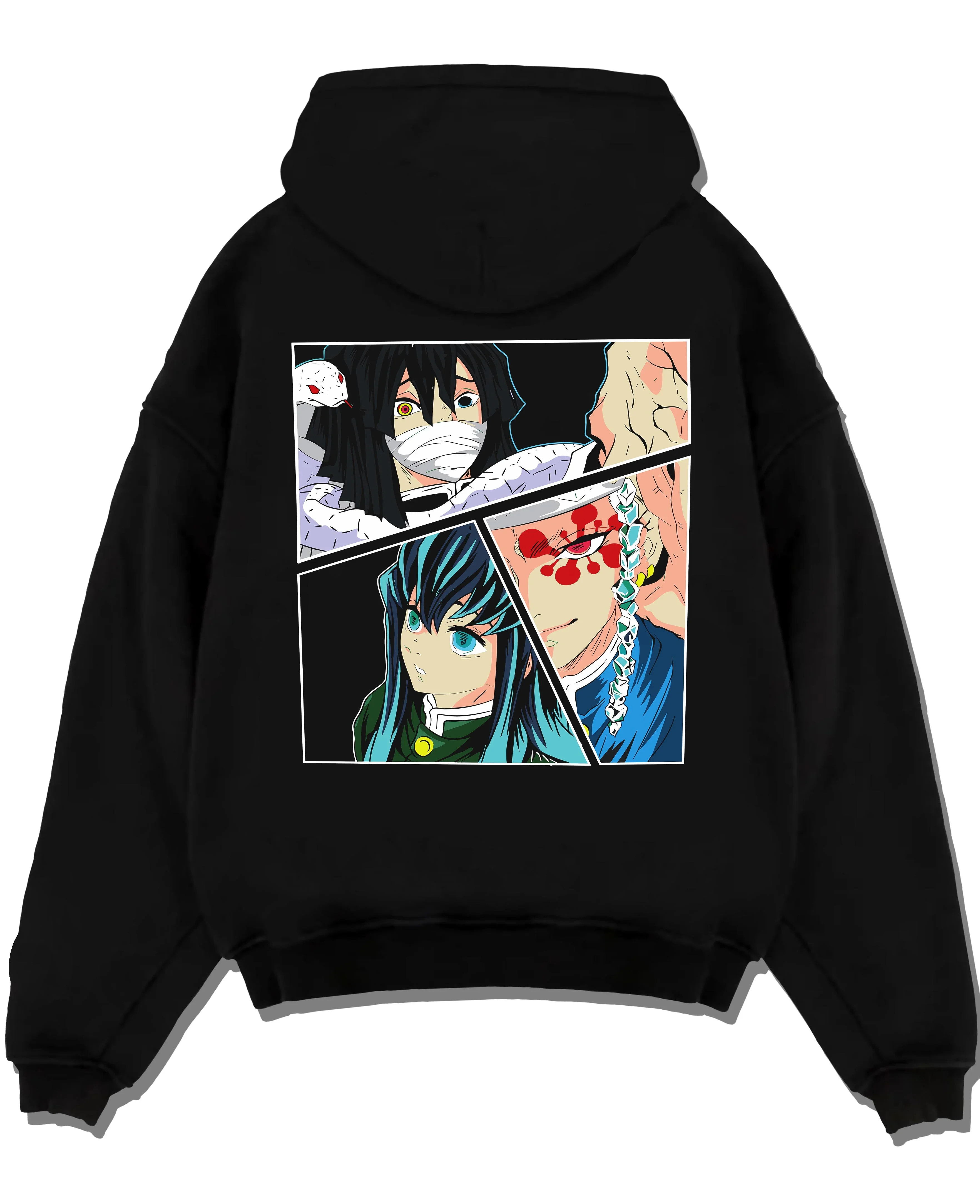 Black pullover hoodie laid flat with Shinobu Hoodie Demon Slayer Insect Hashira Butterfly graphic premium wear.