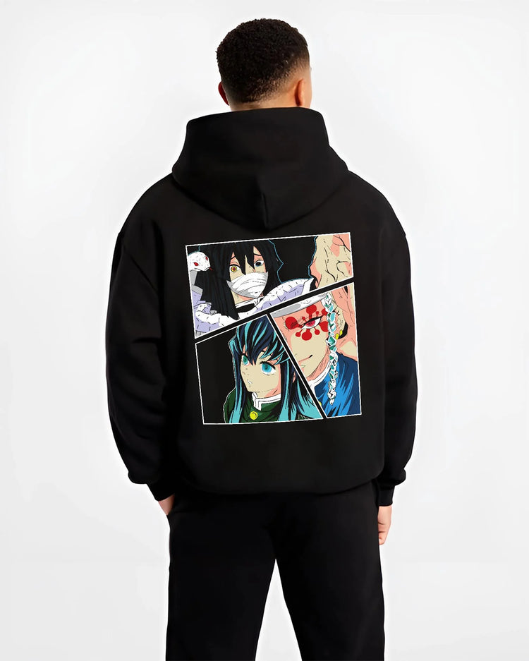 Black hoodie worn by male model, back view with Shinobu Hoodie Demon Slayer Insect Hashira Butterfly graphic premium wear.